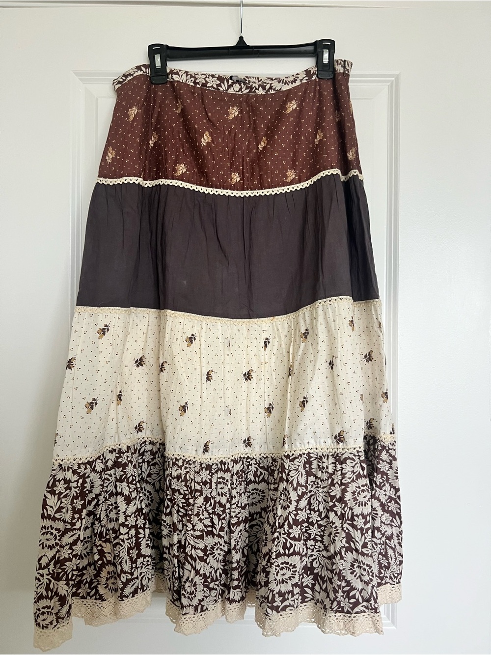 rave Brown and Cream Tiered Boho Maxi Skirt